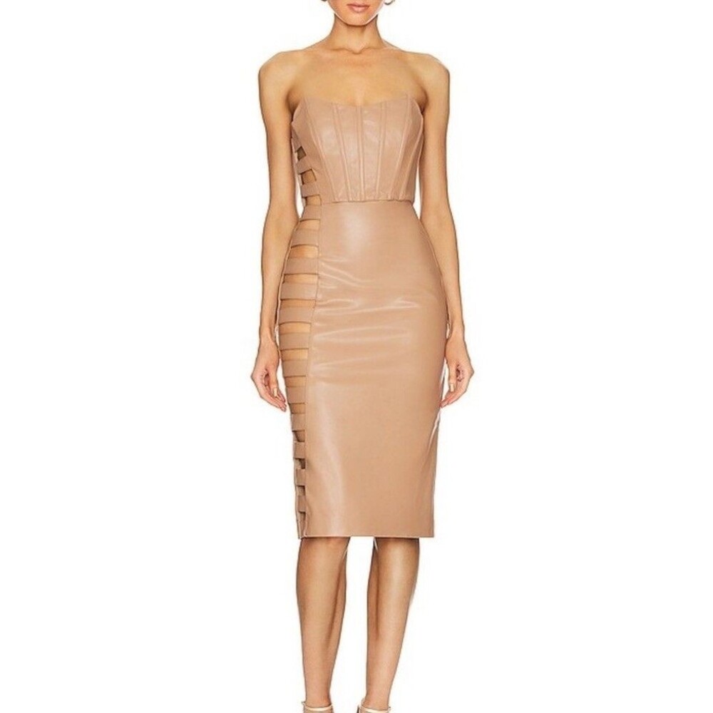 NBD Daena Faux Leather Cut-Out Midi Dress Camel Medium NWOT Revolve